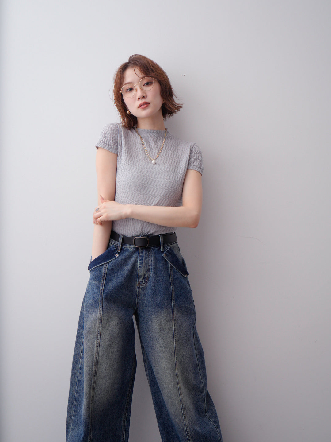 [予約]ウェーブハイネックフレンチニットトップス/gray