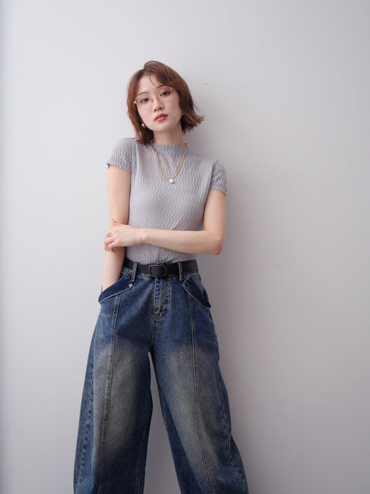 [予約]ウェーブハイネックフレンチニットトップス/gray