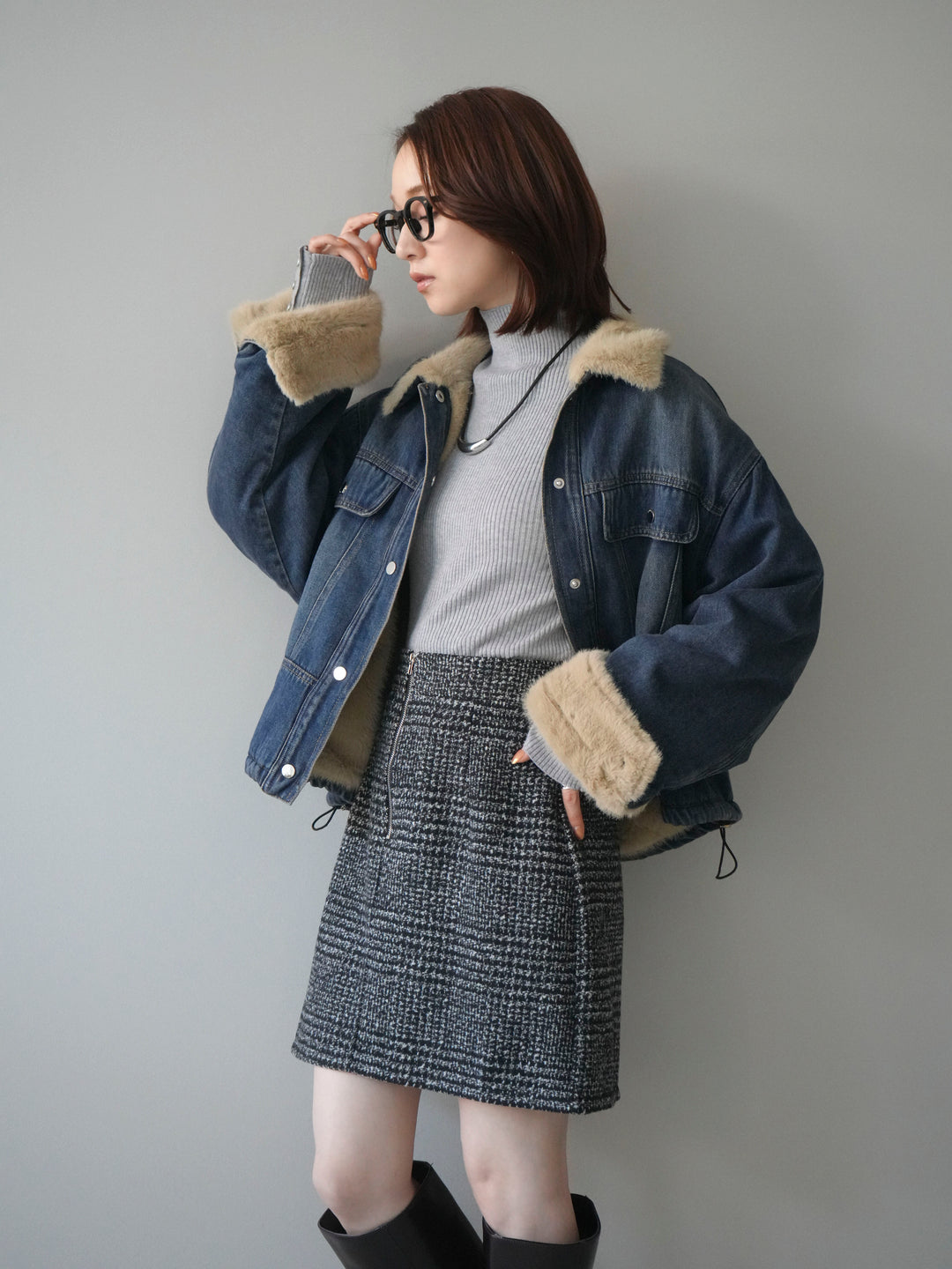 [予約]デニム×ファーステンカラーショートジャケット/blue