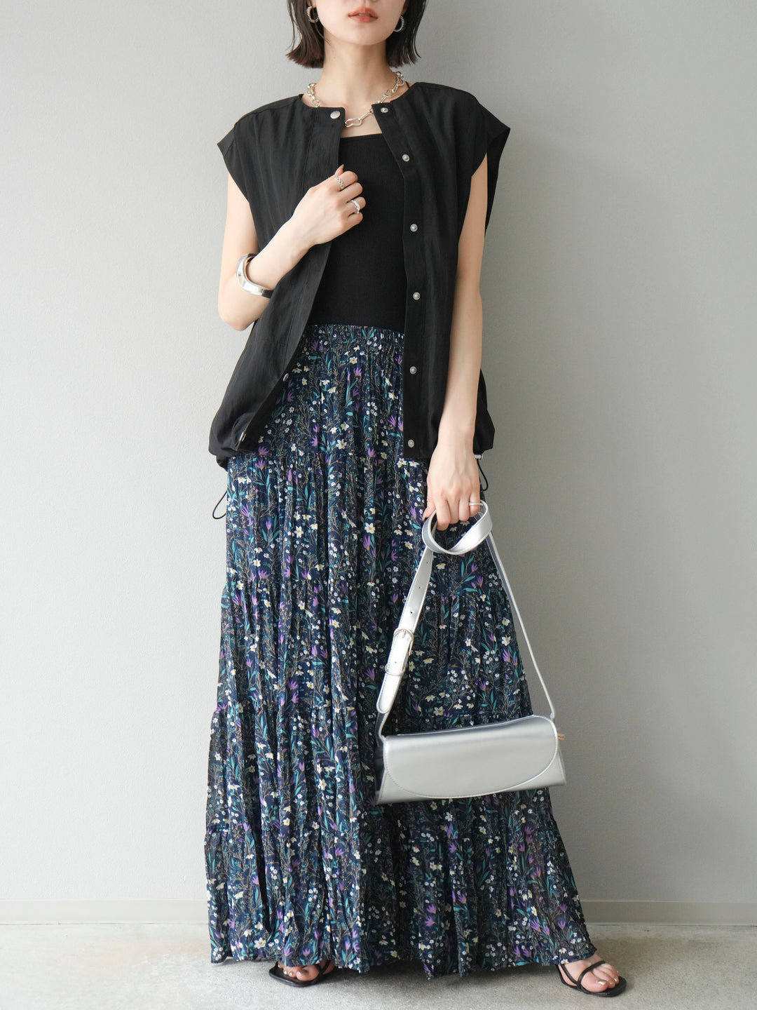 [SET]リネンライクドロストバルーンブルゾン+フラワーワッシャープリーツスカート(2set)