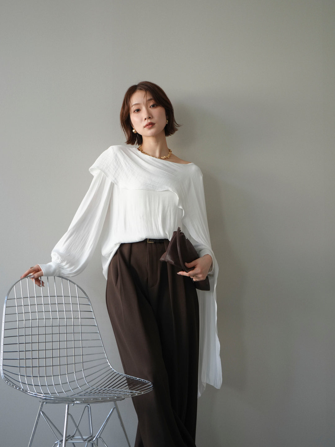 [予約]シルキードレープブラウス/white