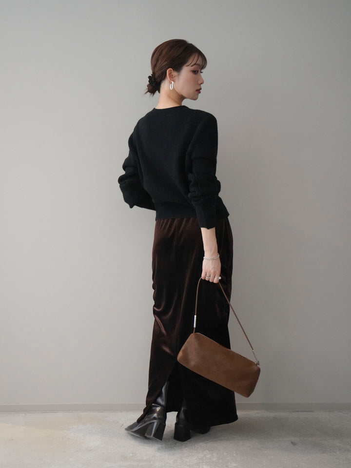 [SET]シルバーボタン畦編みニットカーディガン+ギャザーベロアスカート(2set)