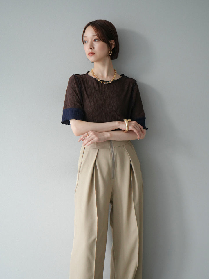 [SET] 百褶同色船領套頭衫 + 拉鍊褶襉寬褲 (2 套)