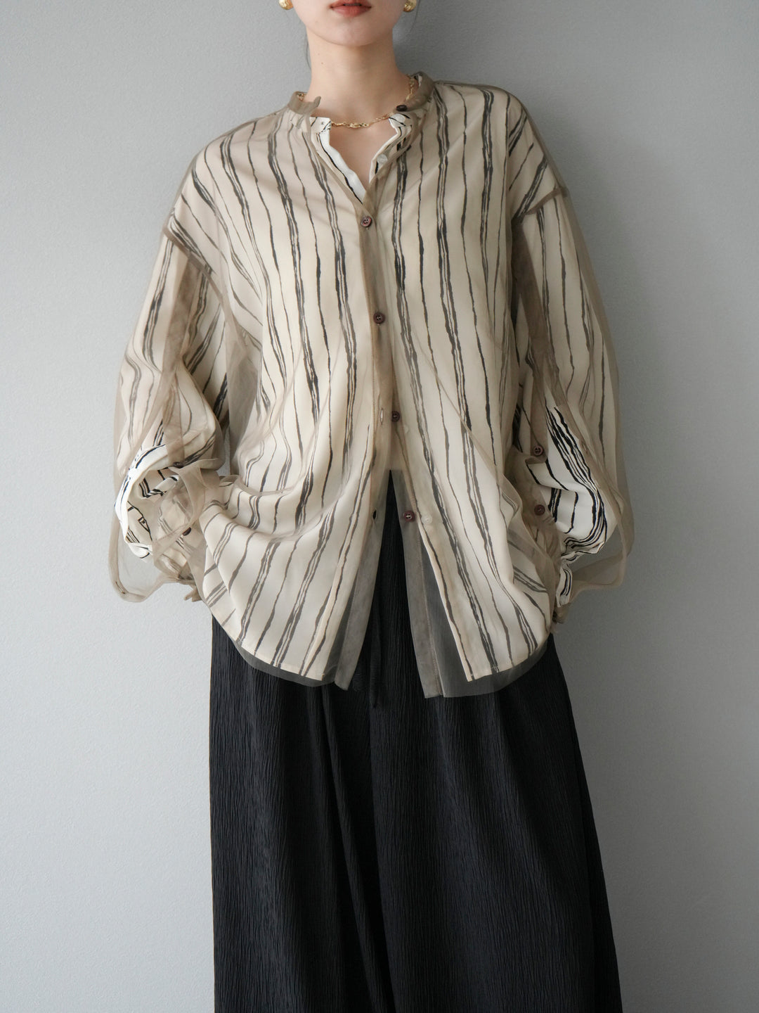 [予約]2WAYスリーブチュールシャツ/グレージュ