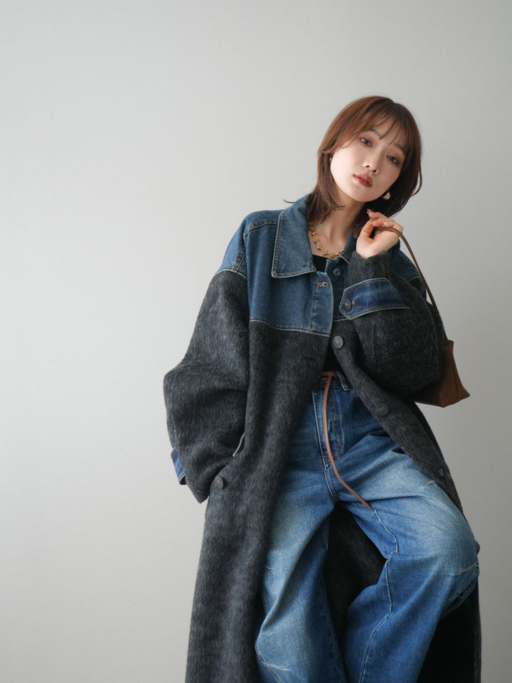 [SET]デニム切替シャギーステンカラーコート+選べるアクセセット(2set)