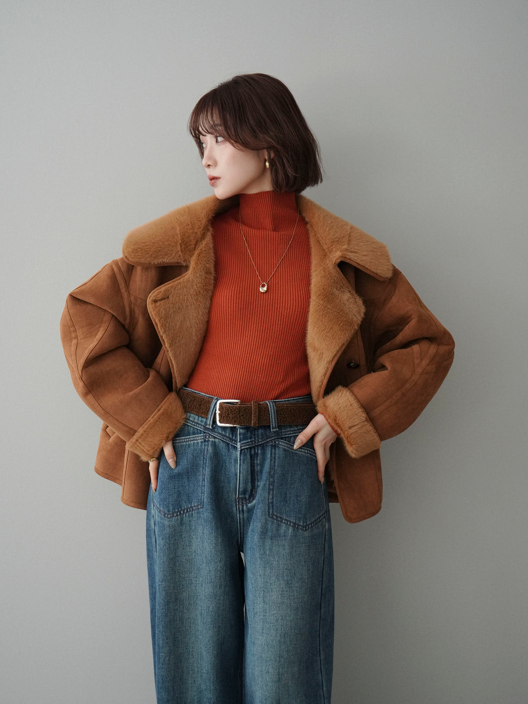 [SET]ムートンショートジャケット+ベルト付裏起毛カーブデニムパンツ(2set)