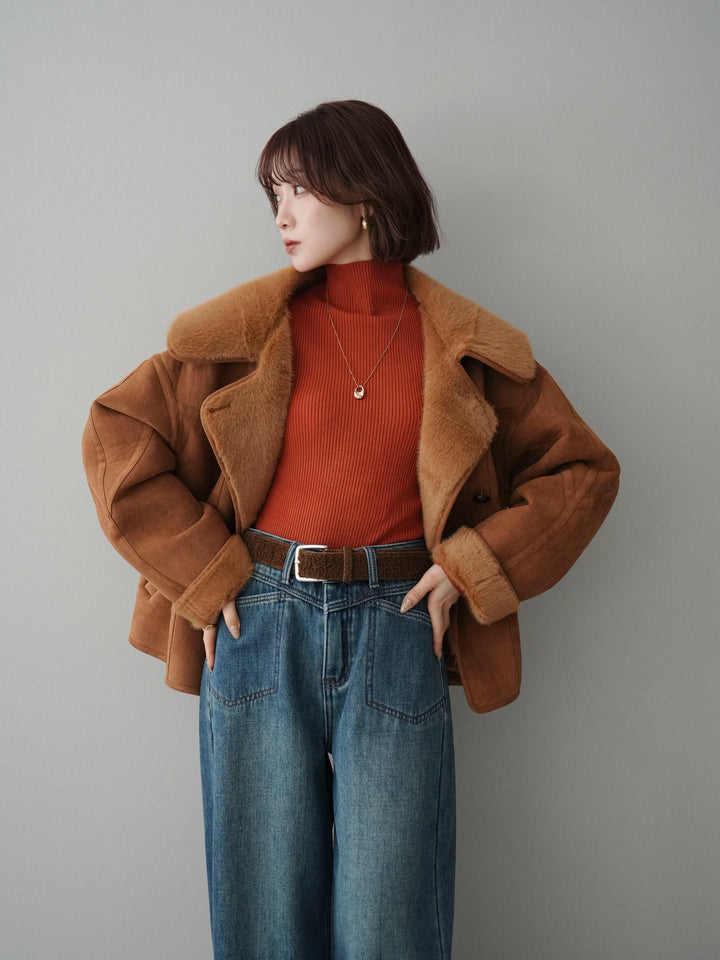 [SET]ムートンショートジャケット+ベルト付裏起毛カーブデニムパンツ(2set)