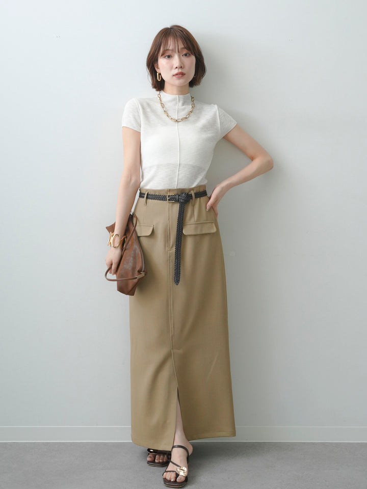 [SET]シアーバックボタンリブニットトップス+クレープデシンフラップ付きストレートスカート(2set)