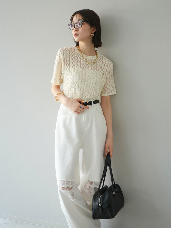 【預購】剪裁蕾絲T卹/象牙白