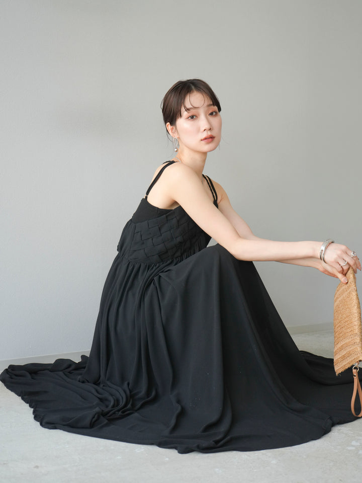 [SET]編み込みデザインシフォンワンピース+カップ付テレコリブベアキャミソール(2set)