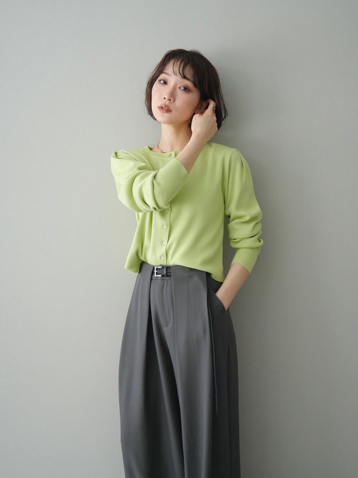 [SET]クリアボタンタックニットカーディガン+ベルトループデザインワイドパンツ(2set)