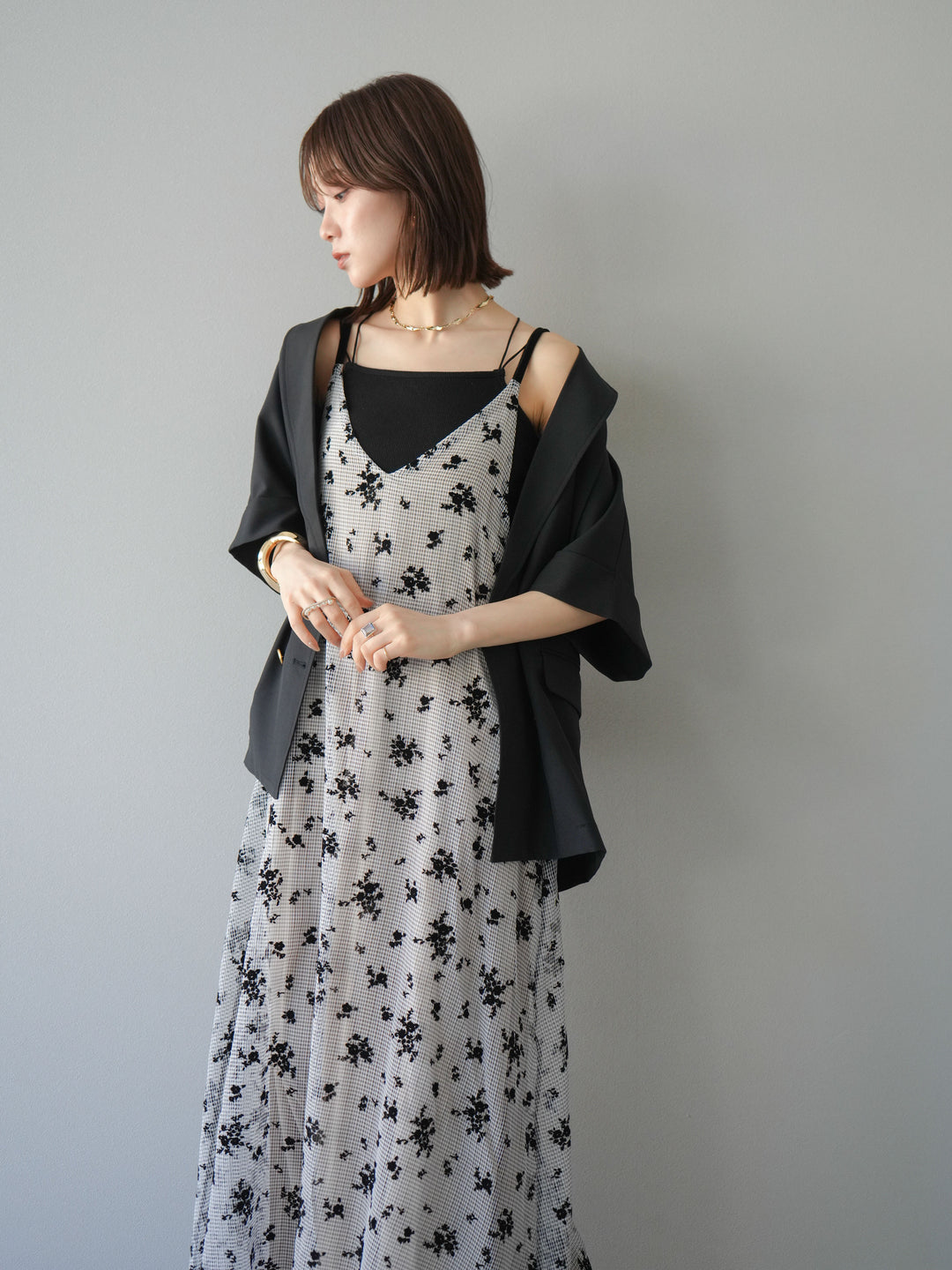 [套裝] 植絨薄紗層疊天鵝絨吊帶連身裙 + 金色紐帶半夾克 (2 套)