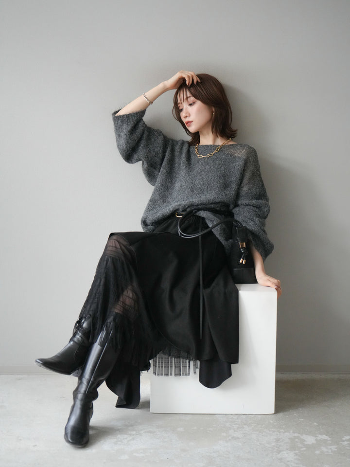 [予約]ネック透かし編みニットプルオーバー/ダークグレー