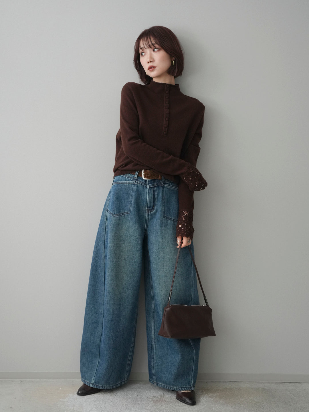 [予約]袖スカラップレースフロントボタンウールニットトップス/brown