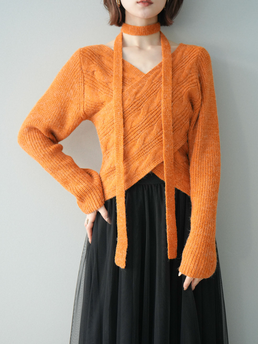 [SET]ケーブル編みクロスニットトップス+チュールボリュームスカート(2set)