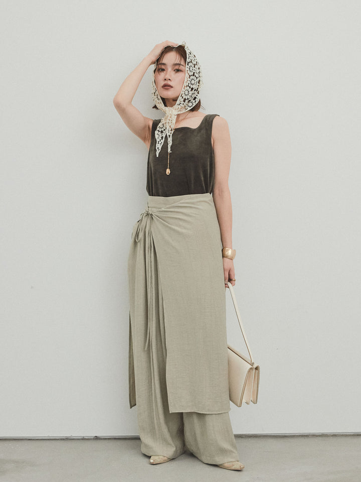 [SET]スクエアベロアタンクトップ+ワッシャーサテンレイヤードスカートパンツ(2set)