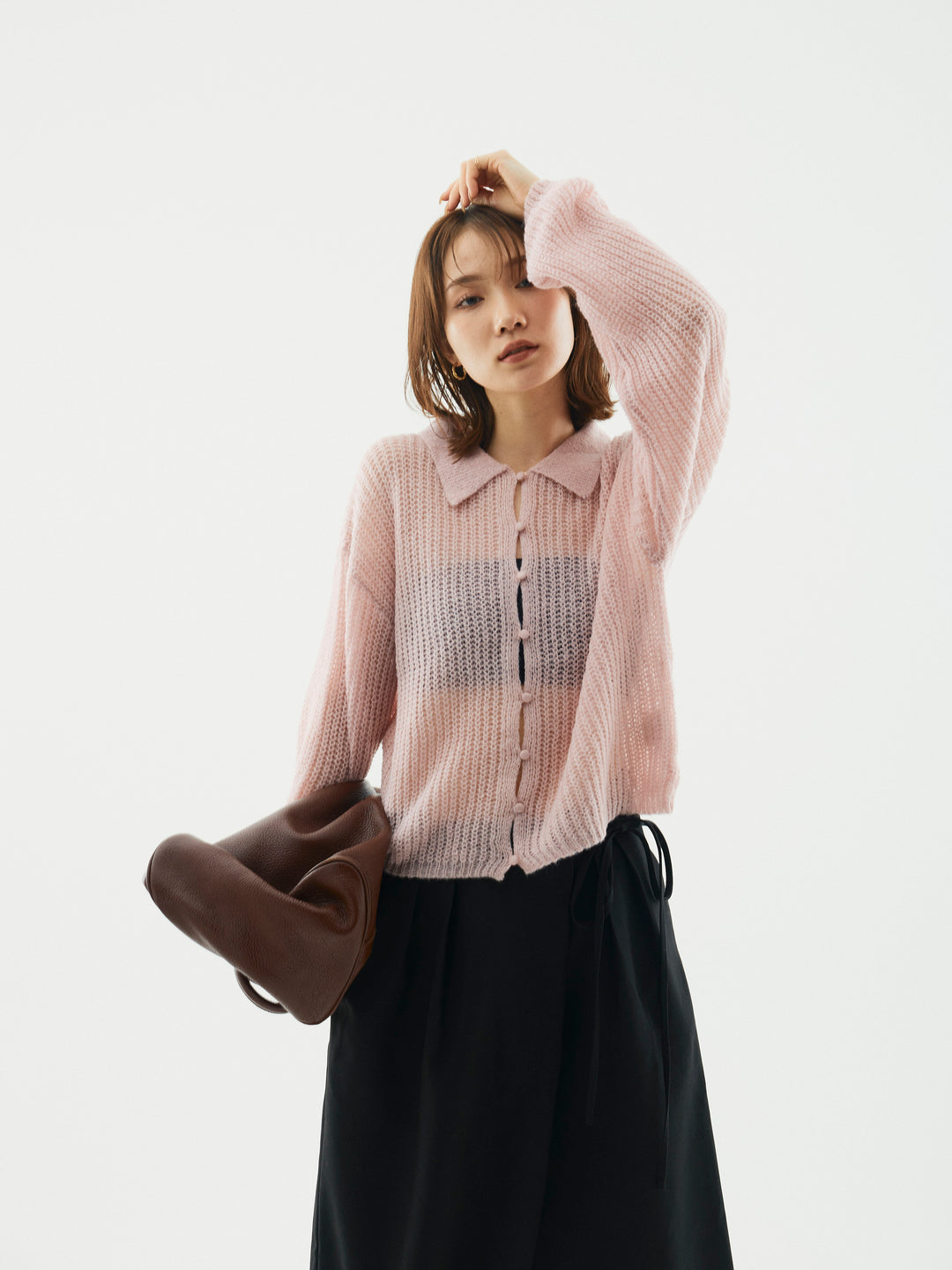 [予約]起毛片畦編みシアーポロニット/ビンク