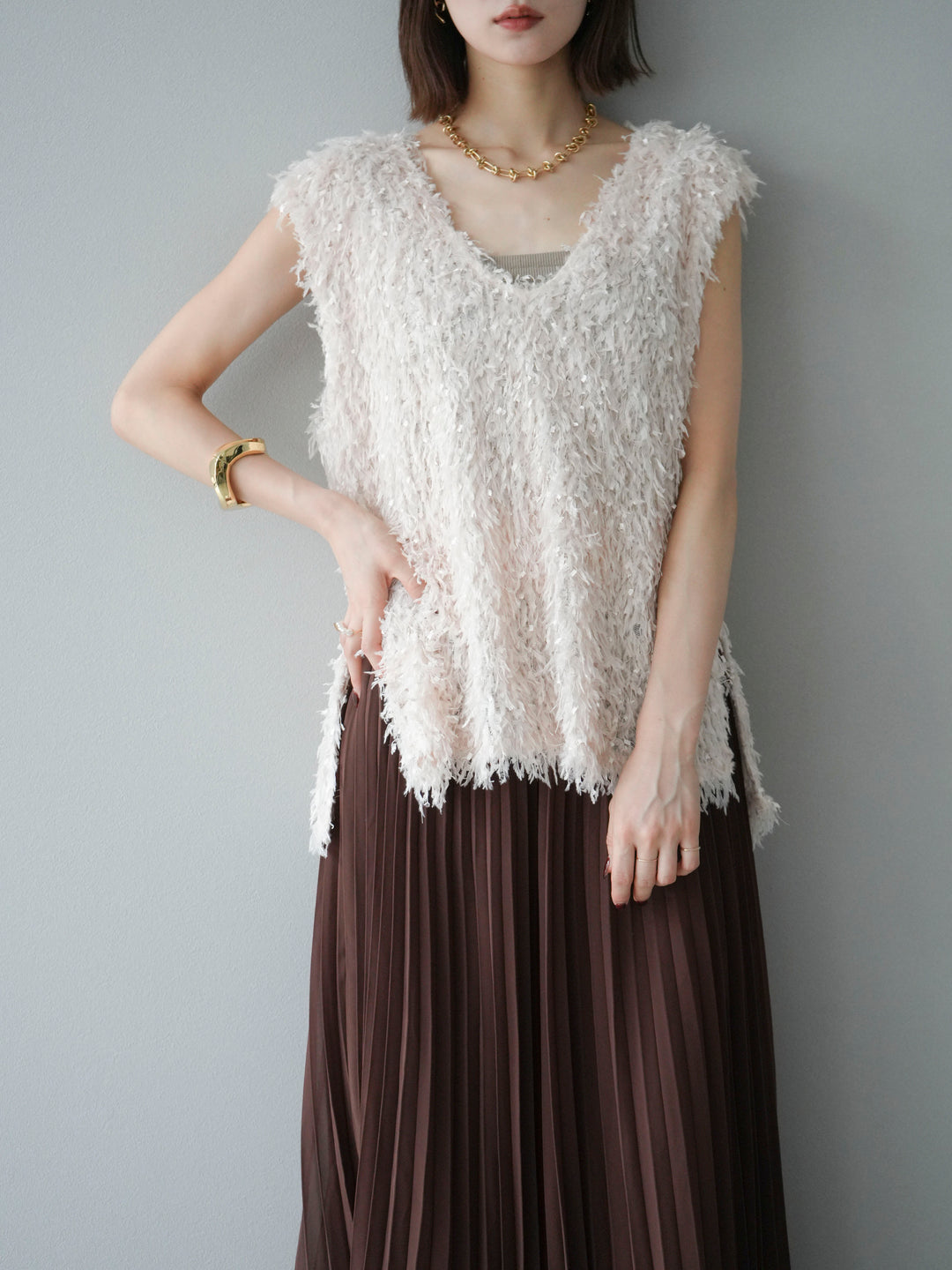 【預訂】流蘇V領背心/象牙色