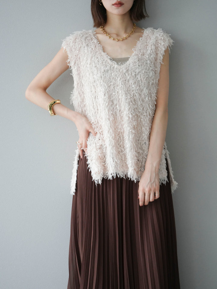 【預訂】流蘇V領背心/象牙色
