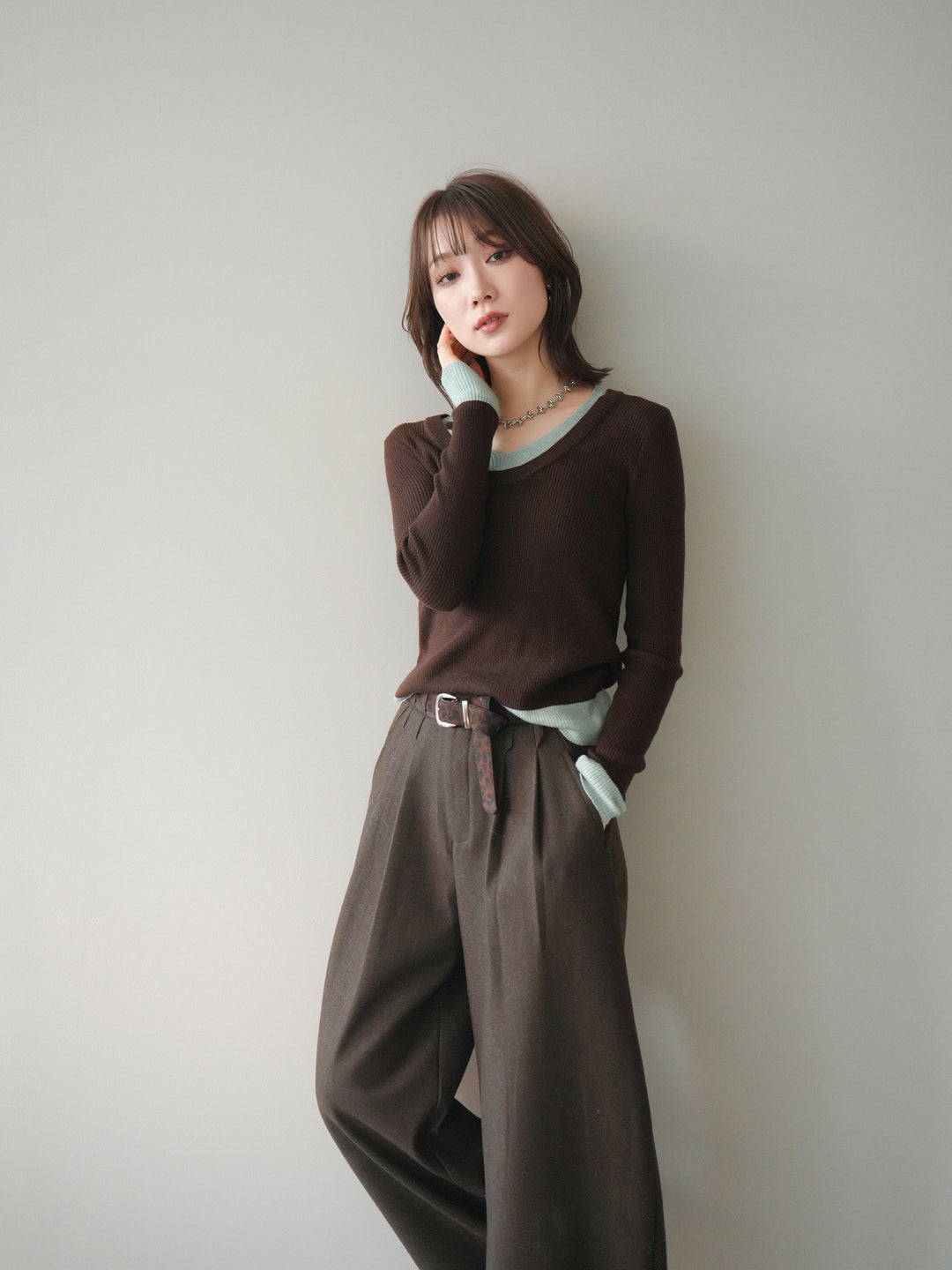 [予約]Uネック配色レイヤードリブニットトップス/brown