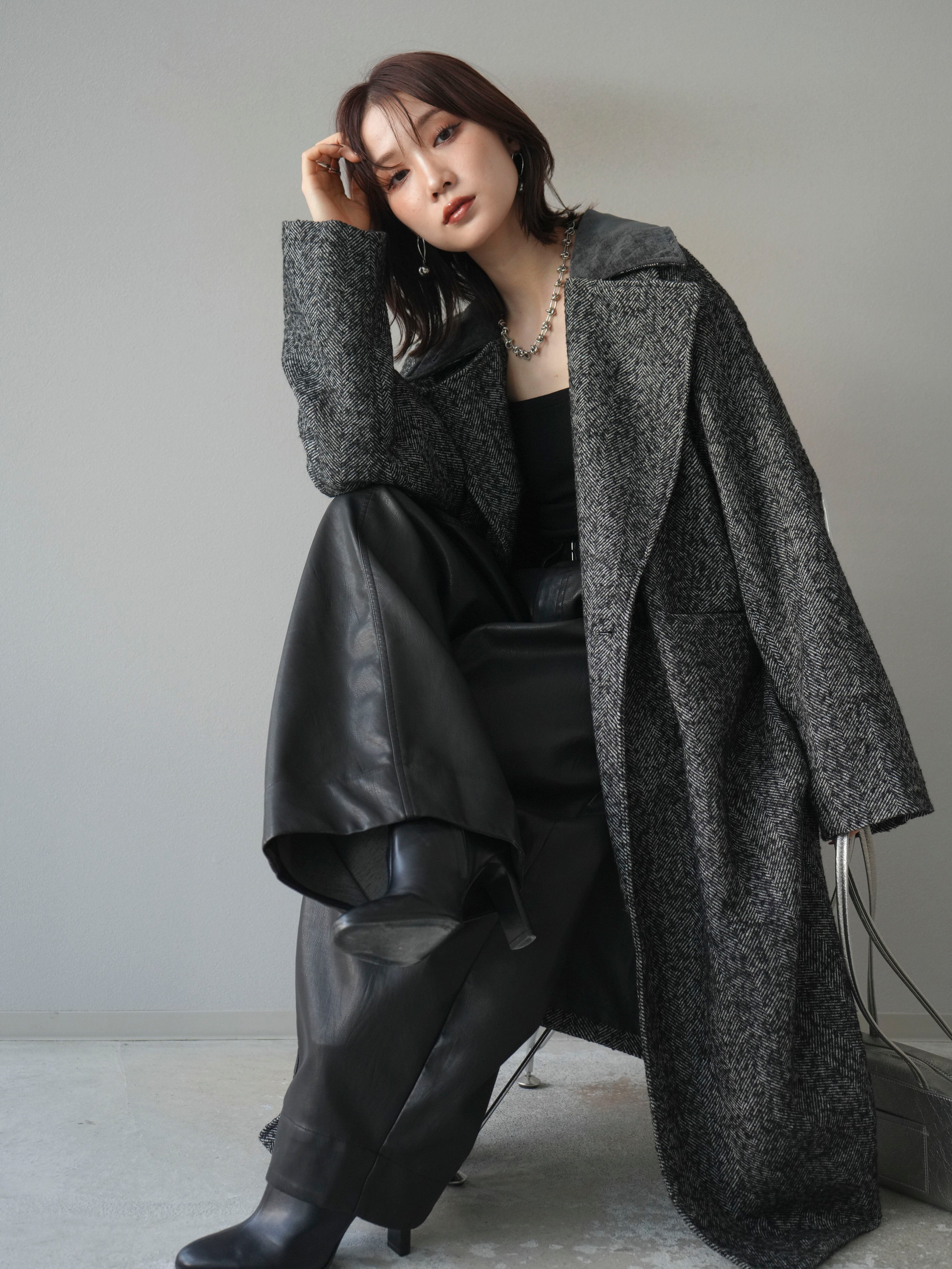 30%OFF]ネップヘリンボーンレザー襟チェスターコート/charcoal