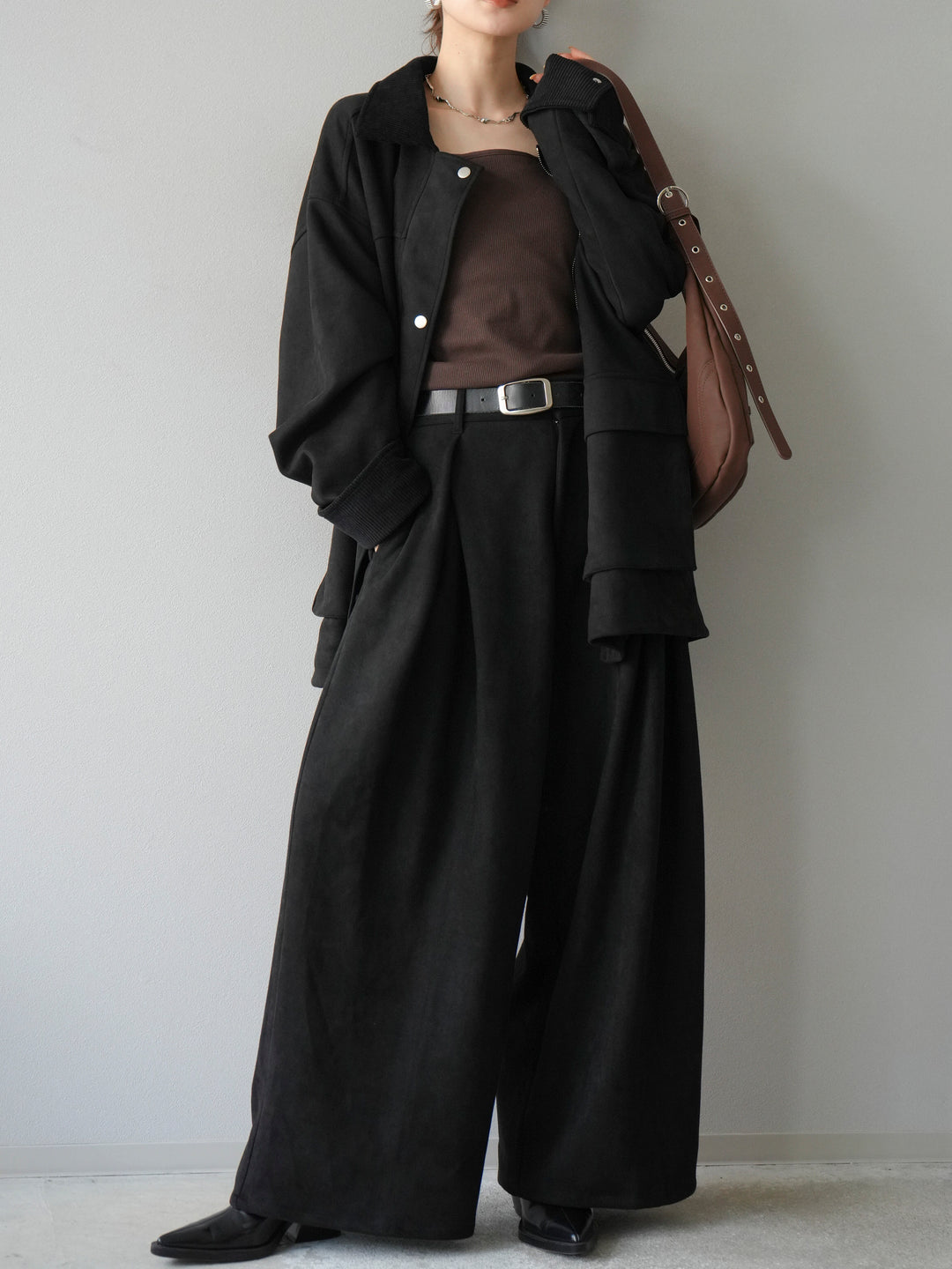 [予約]コーデュロイ襟スウェードミドルジャケット /ブラック