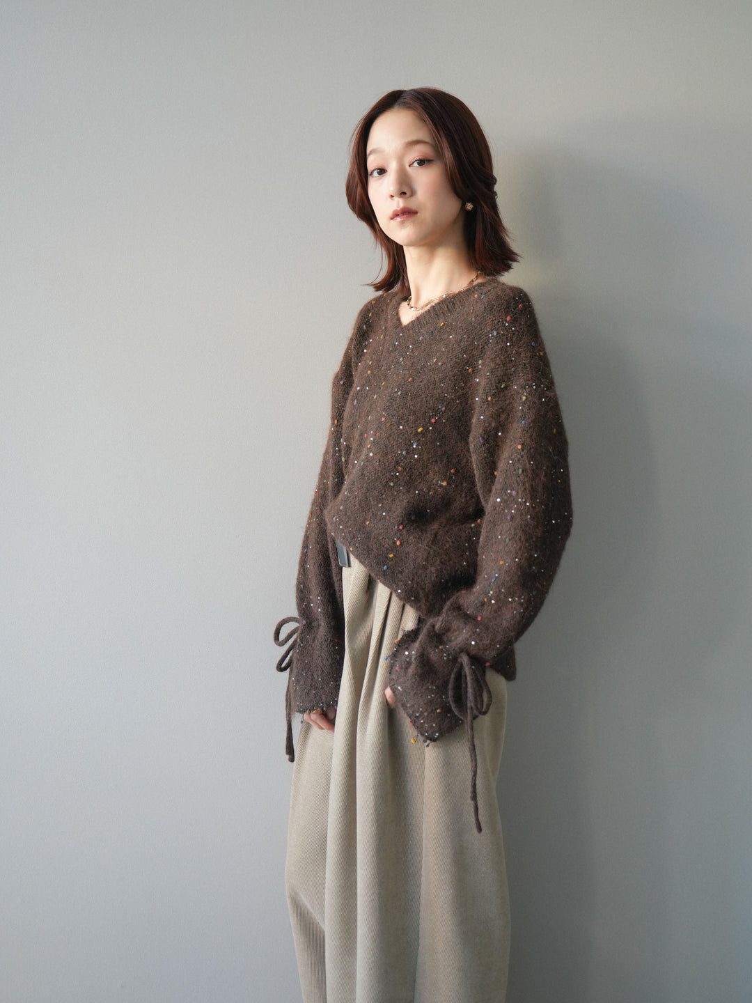 [SET]キャンディースリーブカラーネップスパンコールニットプルオーバー+ベルトデザインループコールテンワイドパンツ(ベルト付き)(2set)