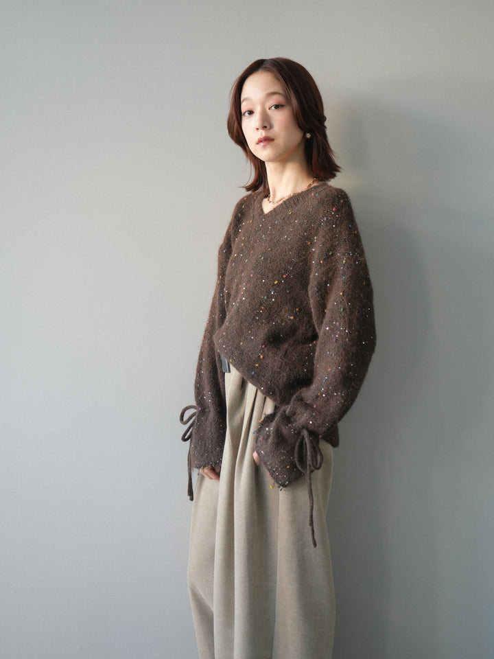 [SET]キャンディースリーブカラーネップスパンコールニットプルオーバー+ベルトデザインループコールテンワイドパンツ(ベルト付き)(2set)