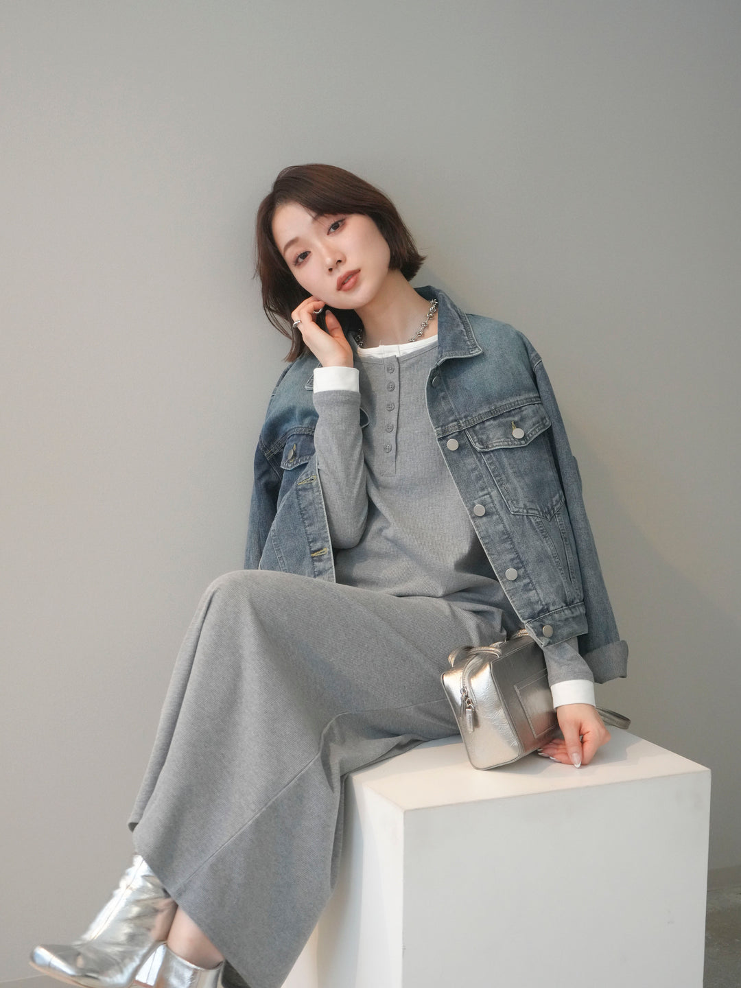 [SET]配色レイヤードヘンリーネックカットリブワンピース+配色レイヤードヘンリーネックカットリブワンピース(2set)