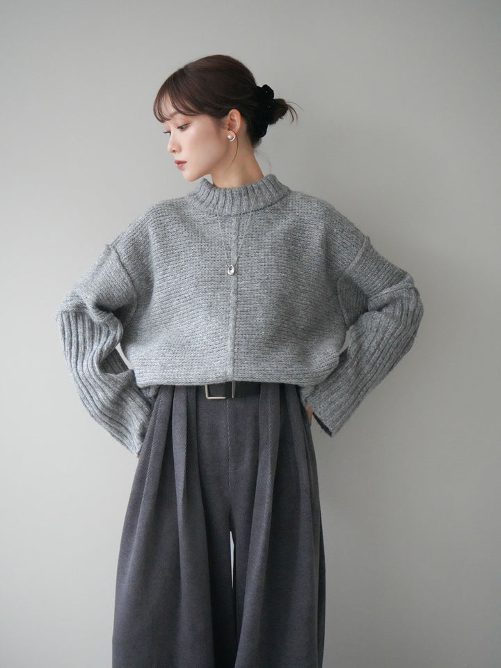 [予約]編み地切替ボトルネックニットプルオーバー/mokugray