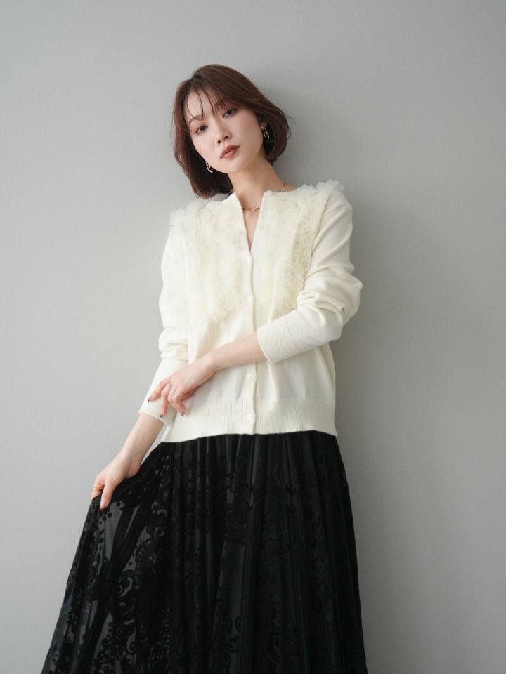 [SET]チュールフリルニットカーディガン+アンティーク柄フロッキーマキシスカート(2set)