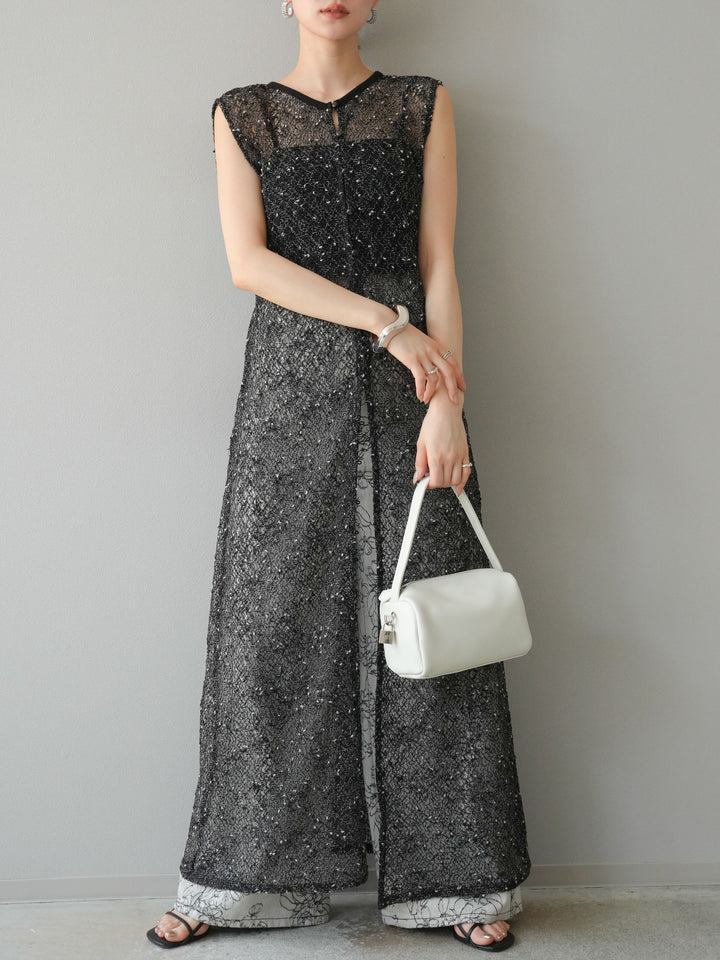 【預購】花朵提花牛仔寬褲/黑