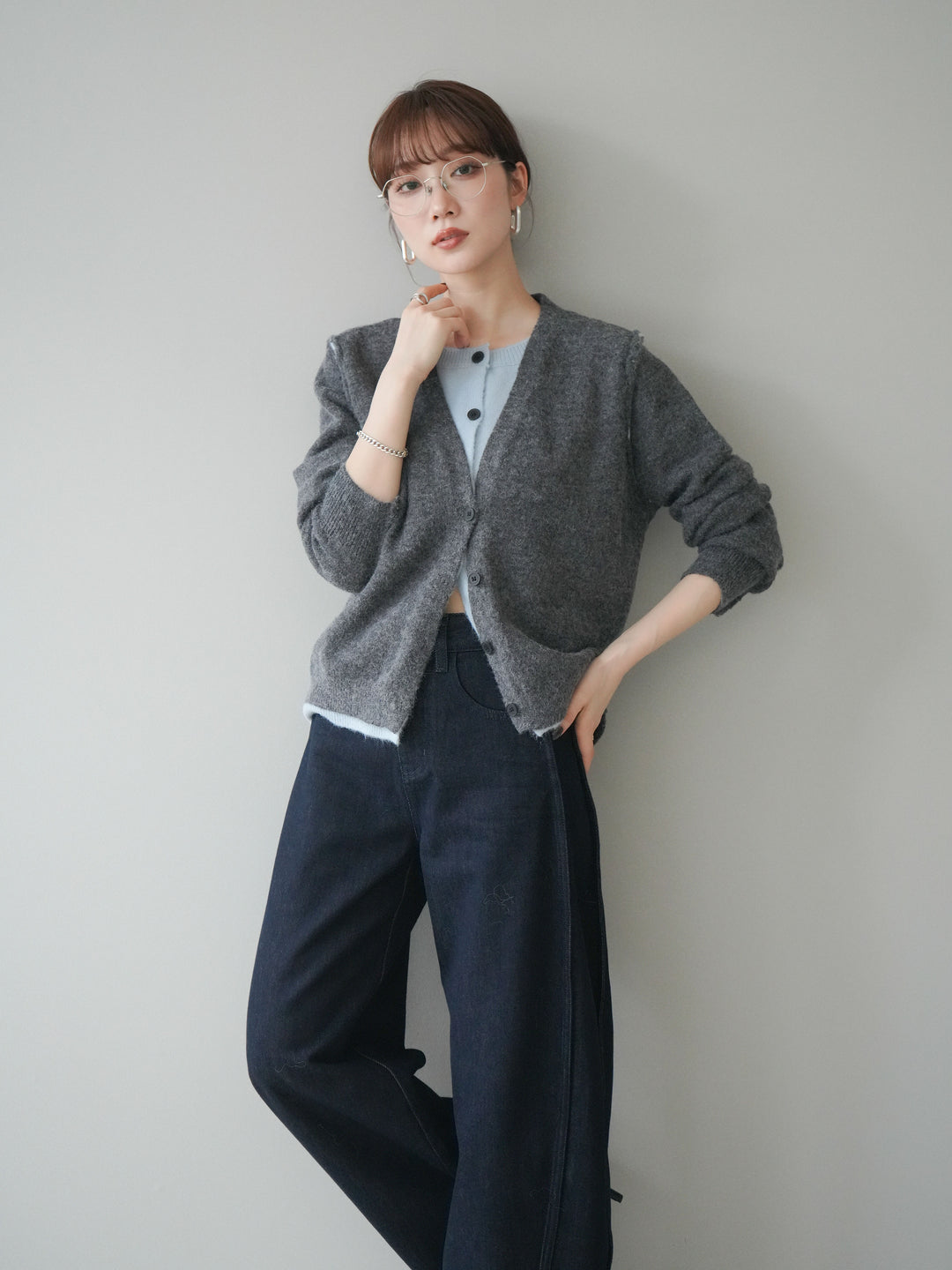 [SET]配色レイヤードニットカーディガン+選べるアクセセット(2set)