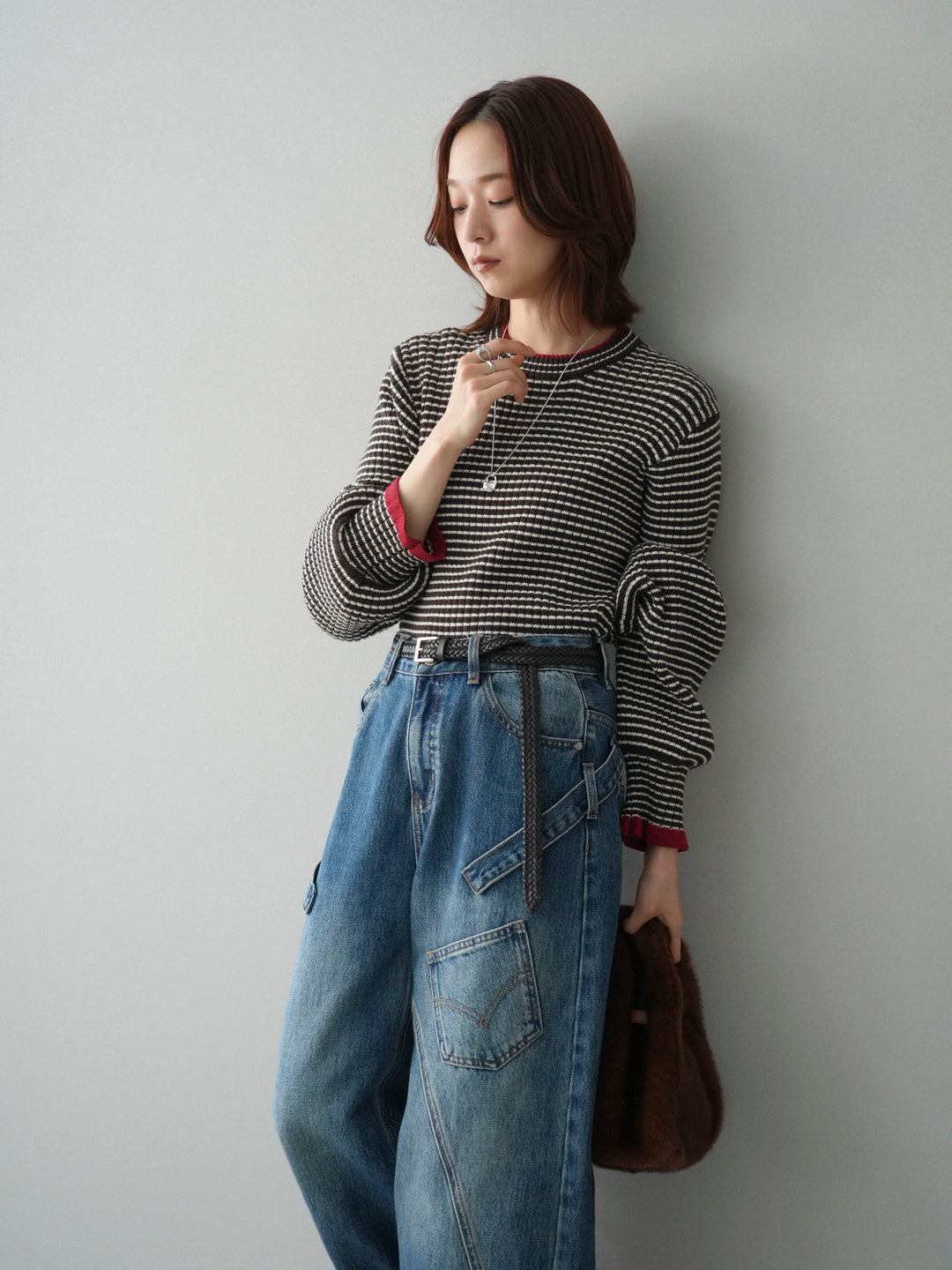 [SET]ラメ異素材ボーダーリブニットプルオーバー+ペインターカーブデニムパンツ(2set)