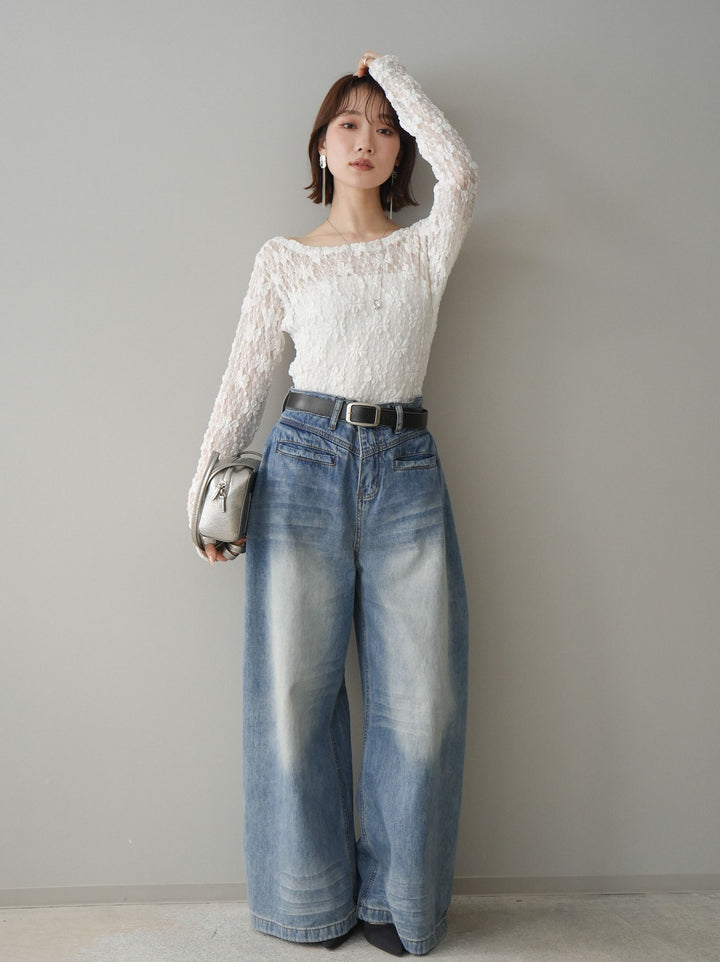 [SET]サイドギャザーレーストップス+フロントポケットサイドタックワイドデニム(2set)