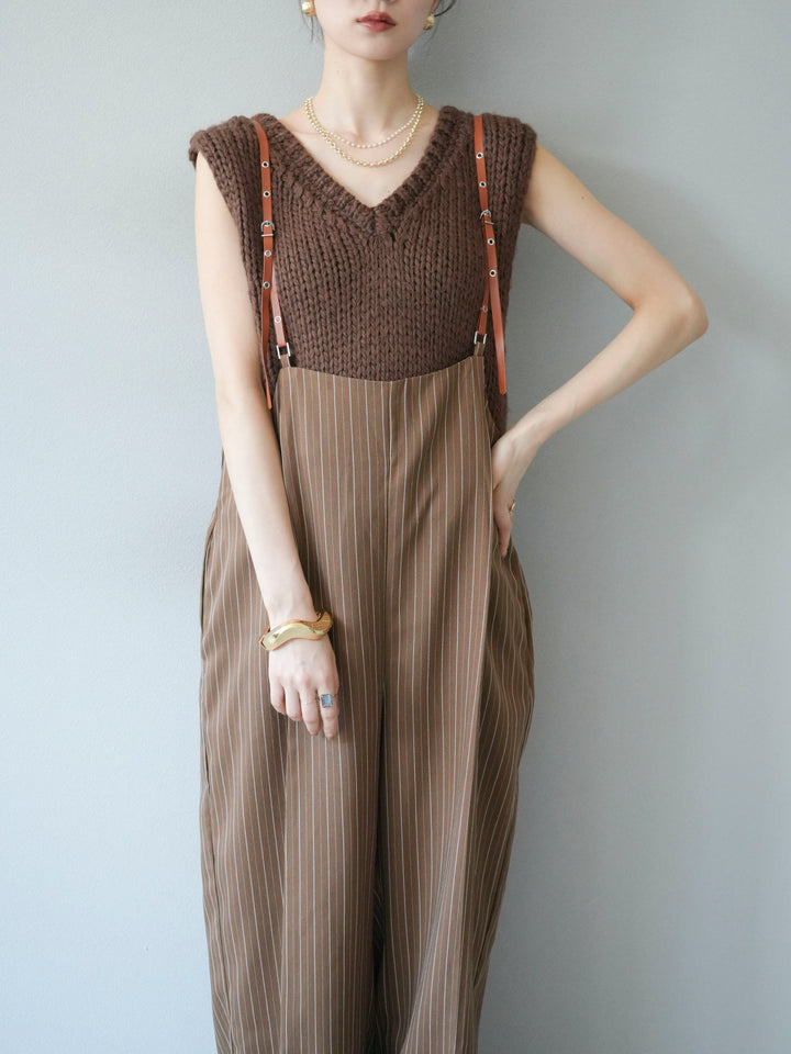 [予約]ヘリンボーンストライプサロペット/ブラウン