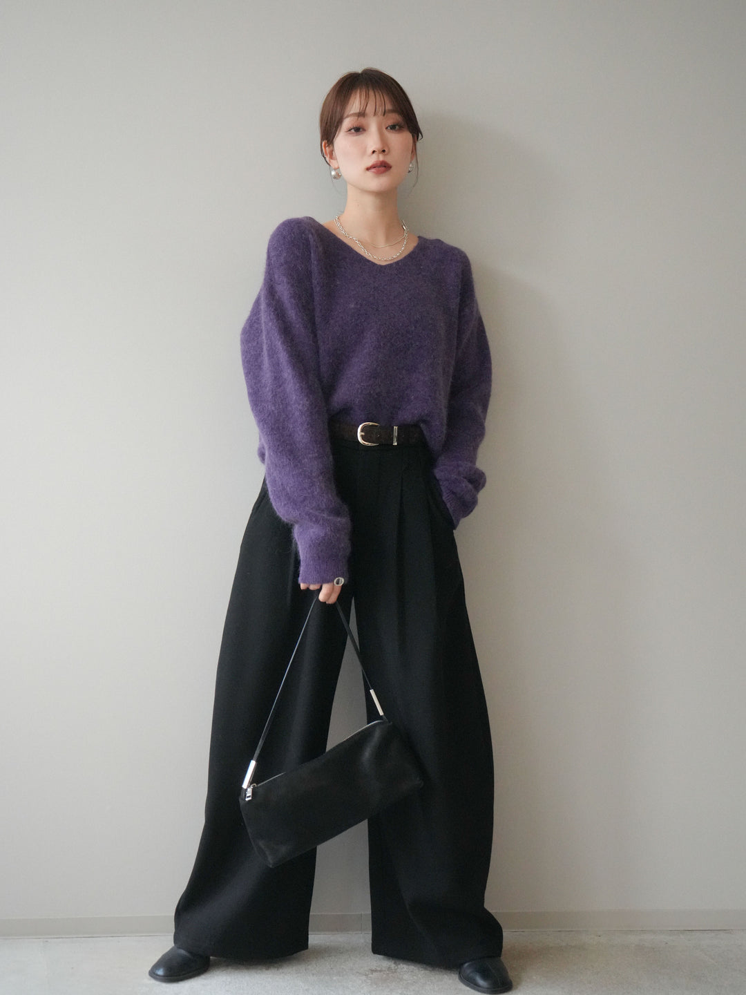 [予約]アニマル柄ベルト付きウールタッチワイドパンツ/black