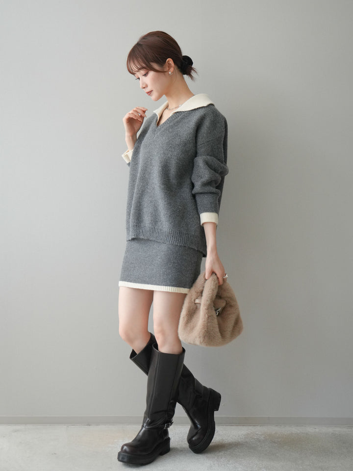 [SET]配色襟ニット＆ミニスカートSET UP+配色襟ニット＆ミニスカートSET UP(2set)