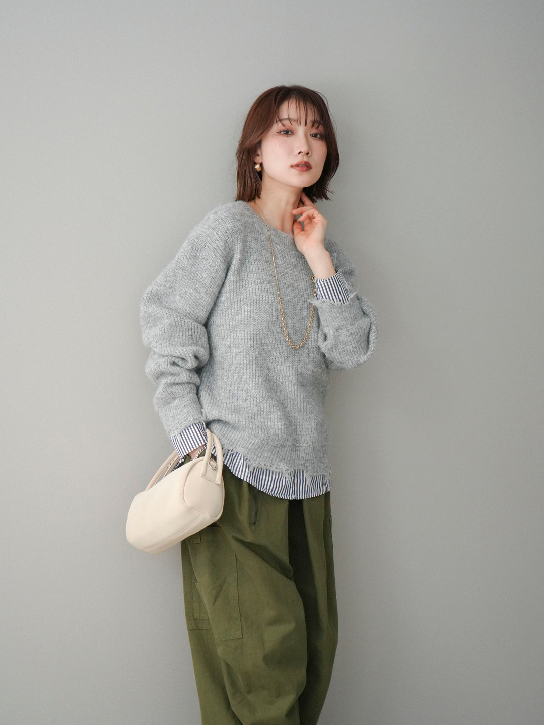 [予約]裾シャツレイヤードダメージニットプルオーバー/lightgrey