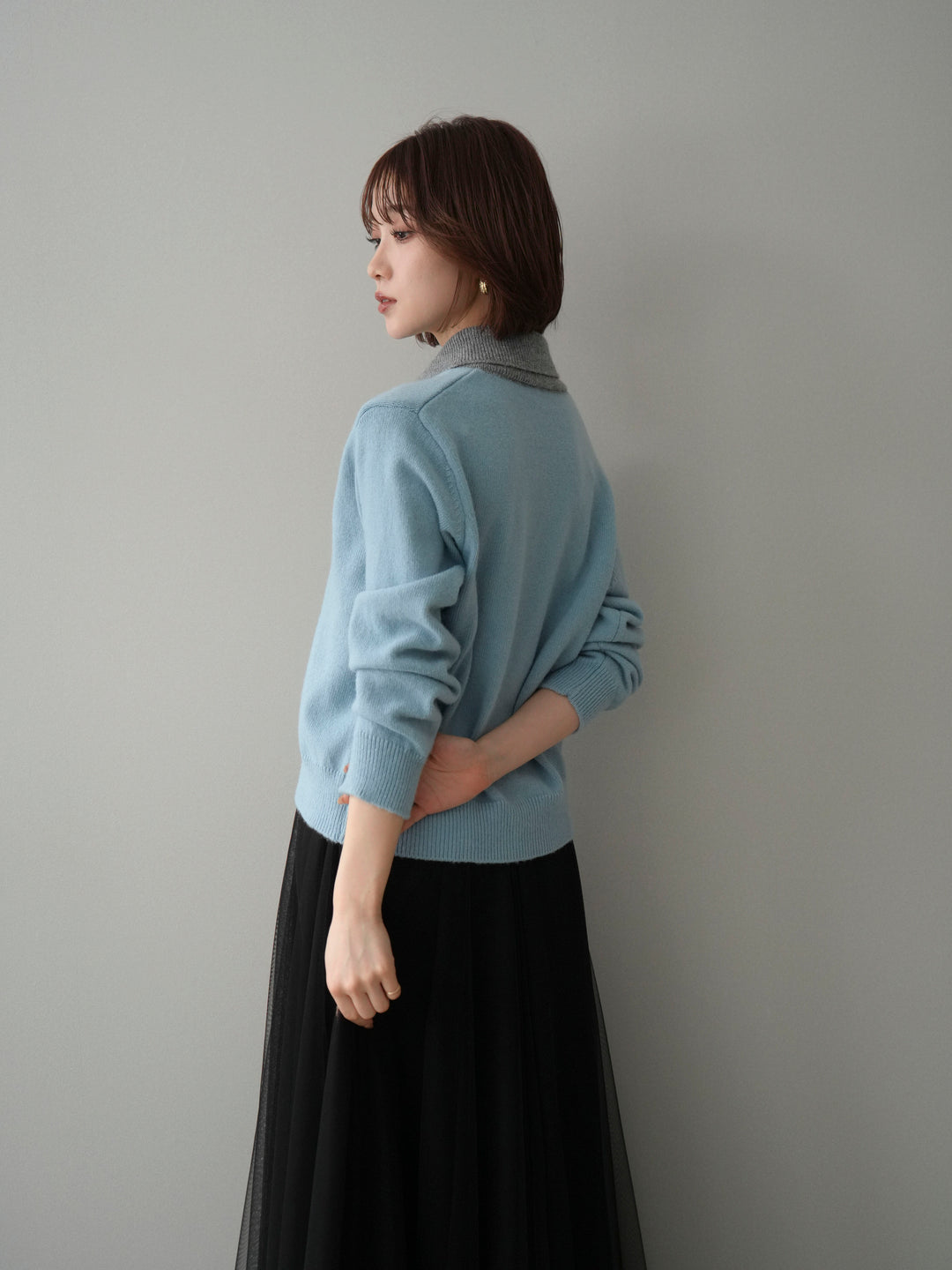 [SET]デザイン襟ニットカーディガン+チュールボリュームスカート(2set)