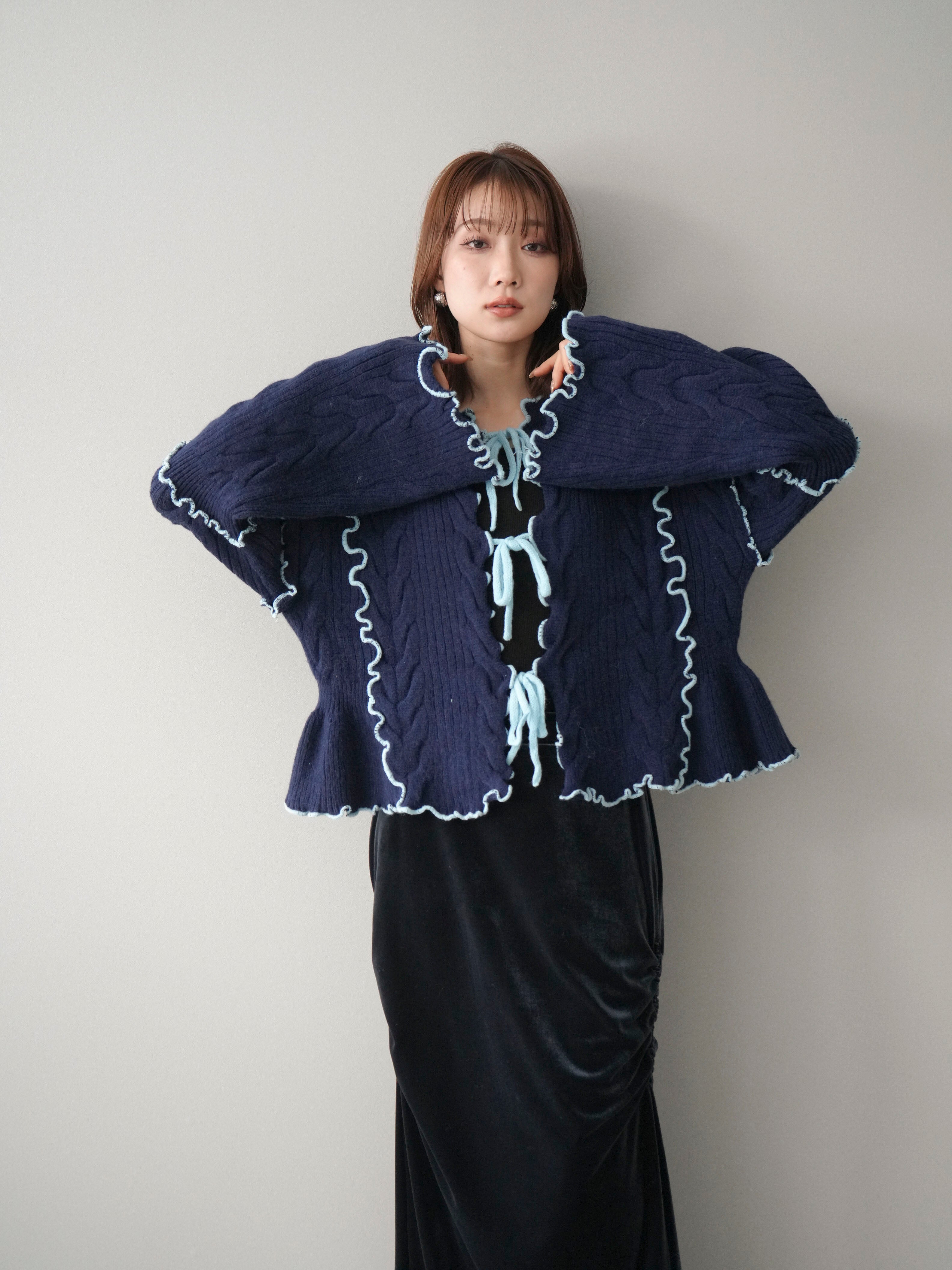 予約]フロントリボン配色メローニットカーディガン/navy – Lumier