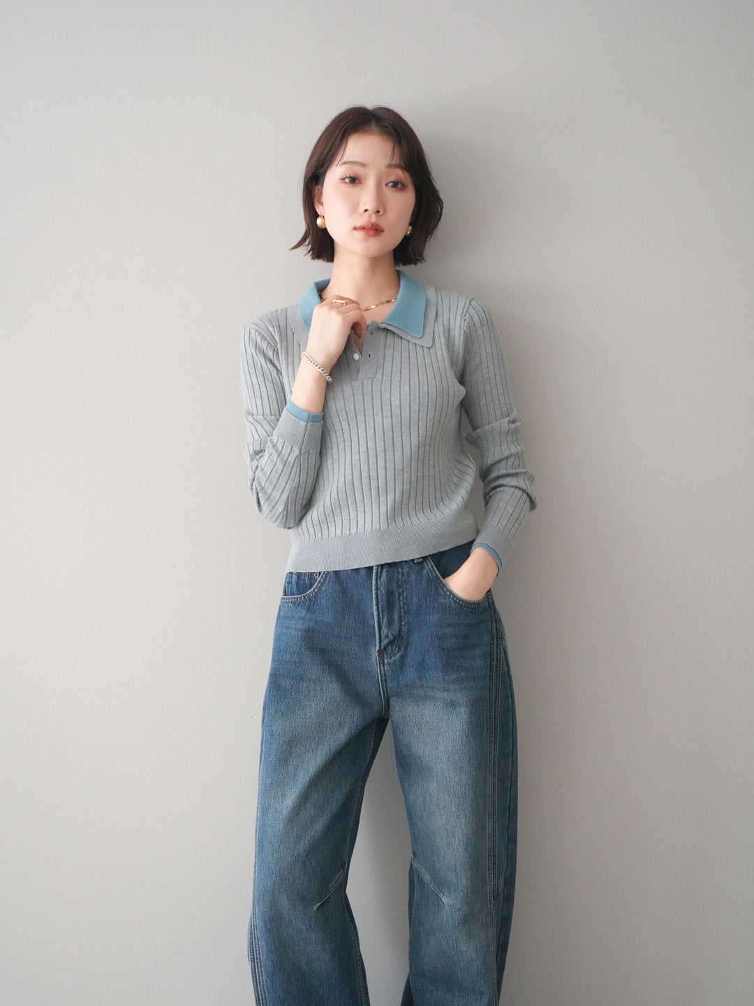 [予約]ダブル襟ポロリブニットトップス/gray