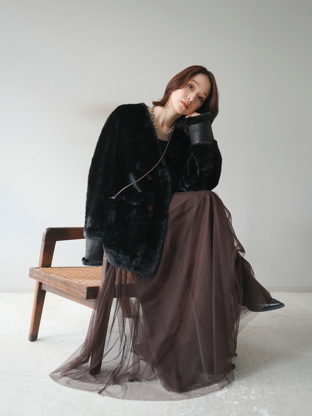 [SET]バッグ付エコファーノーカラーコート+チュールボリュームスカート(2set)