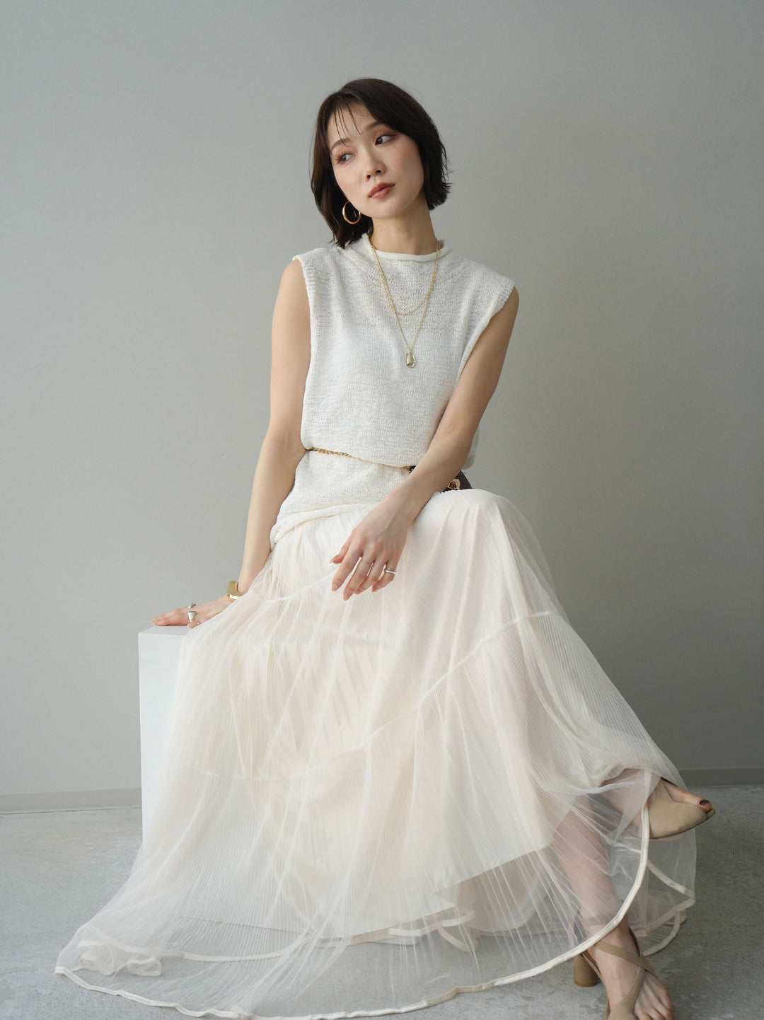 [予約]ノースリーブリネンタッチシアーニットプルオーバー/white