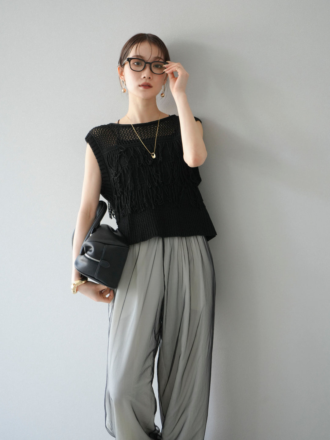 [SET]透かし編みフリンジニットトップス+コード刺繍チュールレイヤードパンツ(2set)