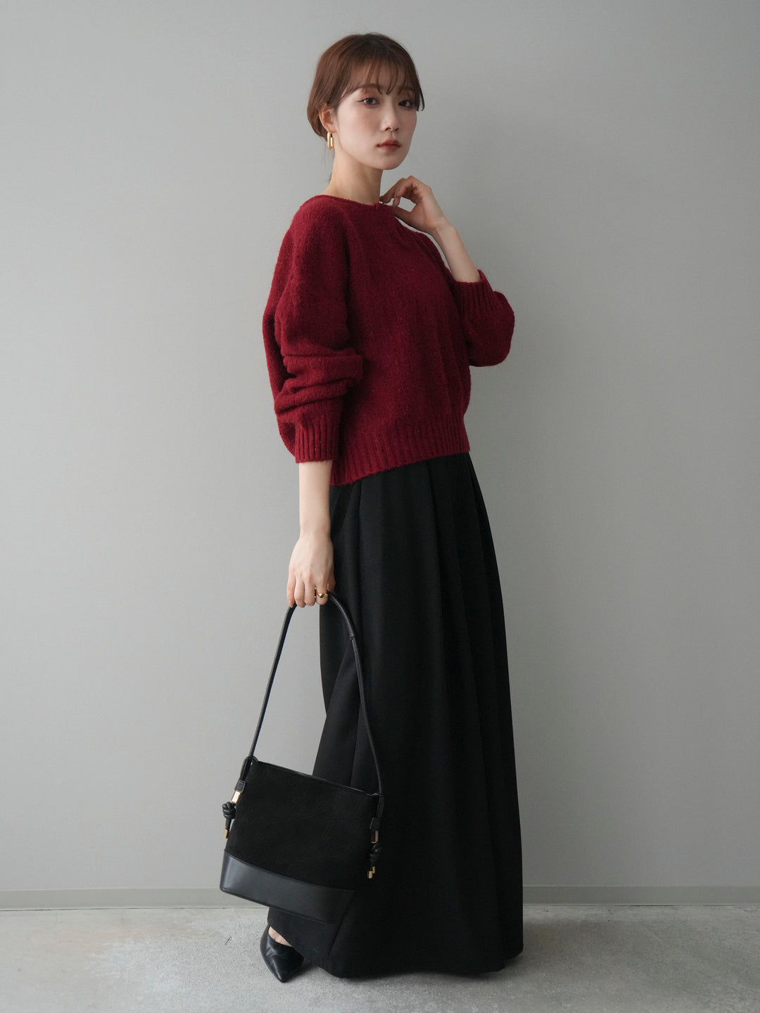 [SET]ツイストネックラメネップヤーンニットプルオーバー+テープベルトタックバギーパンツ(2set)