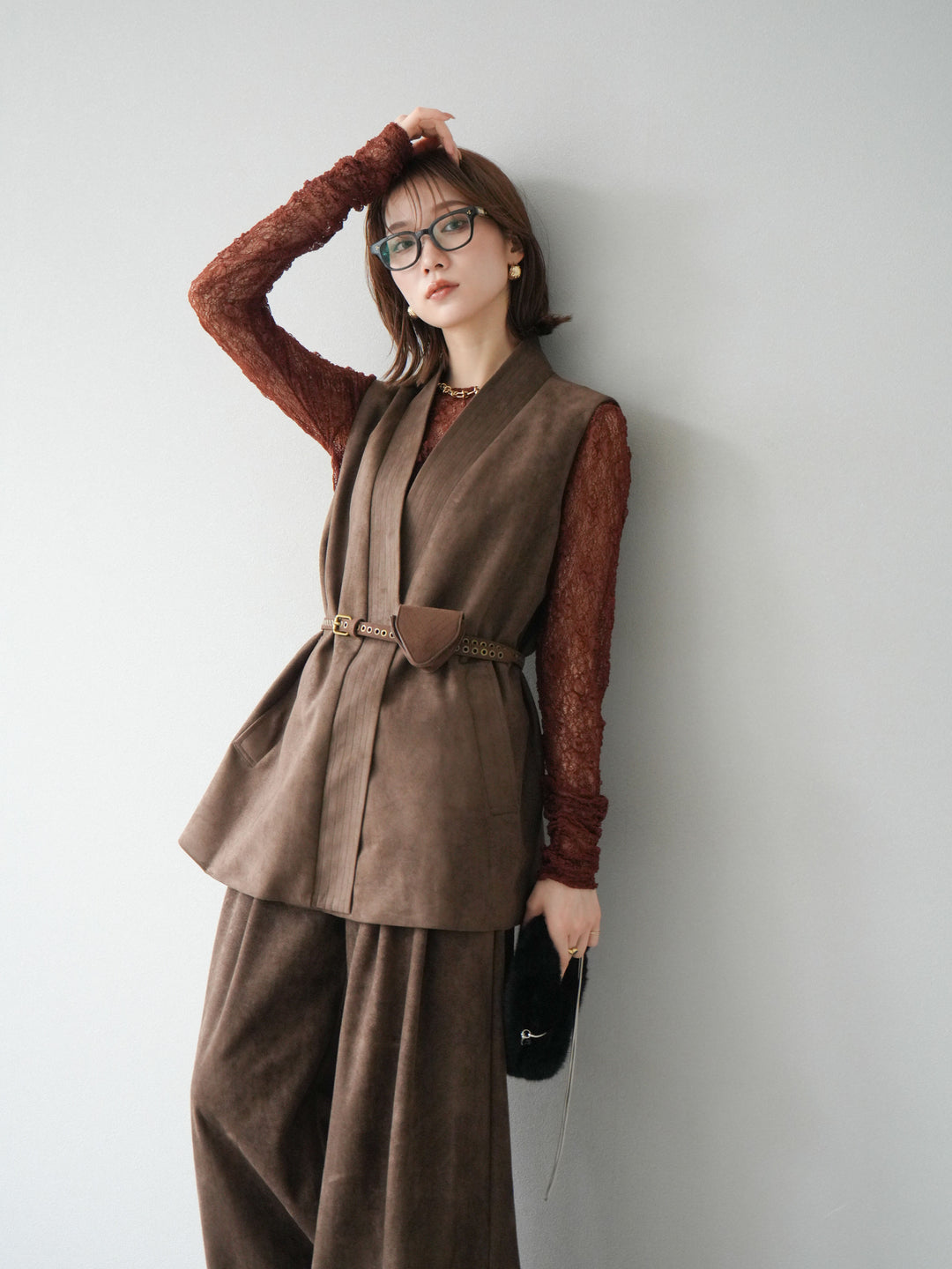 [SET]ポーチベルト付スウェードジレ×パンツSET UP(2set)