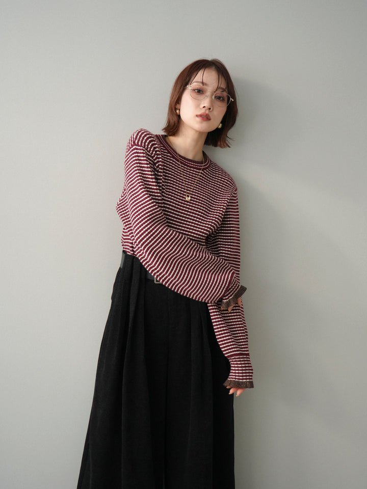 [予約]ラメ異素材ボーダーリブニットプルオーバー/bordeaux×brown