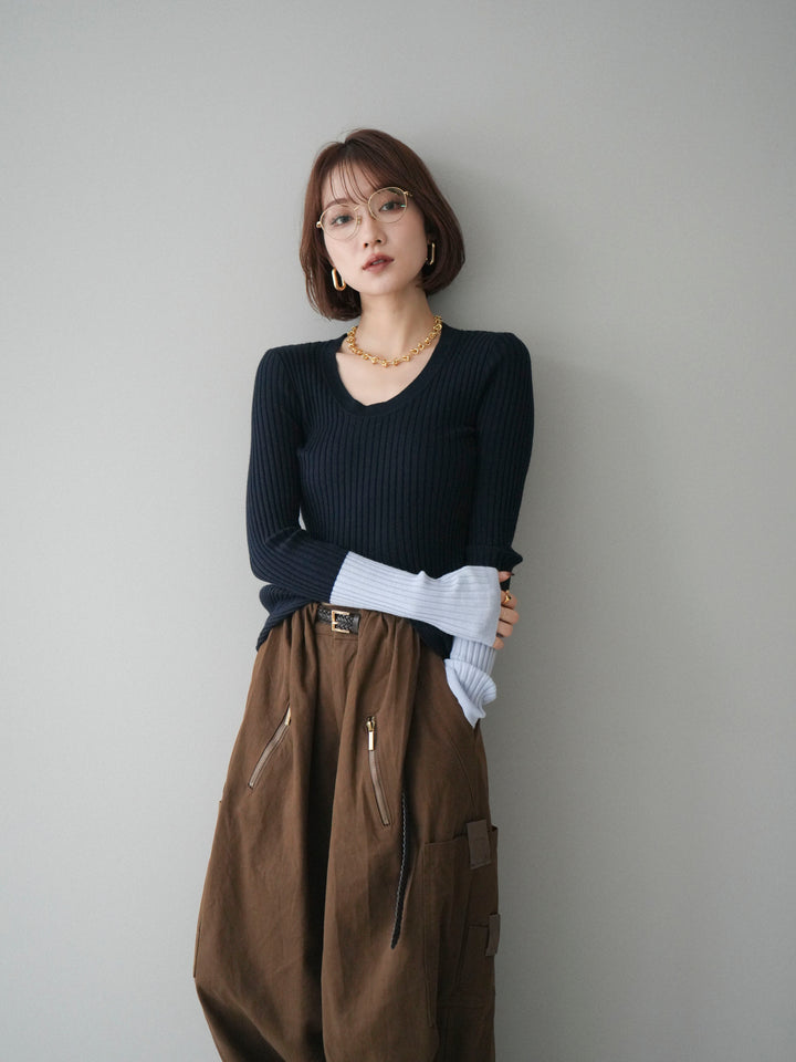 [予約]袖配色ランダムリブフロントスリットニットトップス/navy