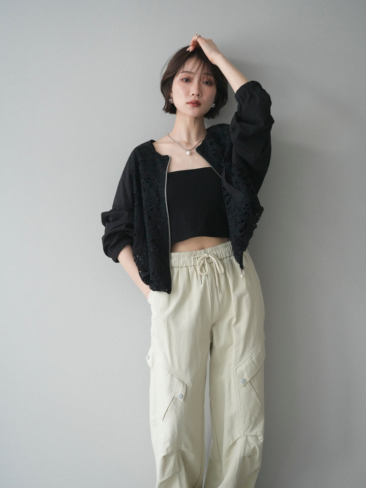 [SET]レースドッキングブルゾン+タックデザイン裾ドロストカーゴパンツ+カップ付テレコリブベアキャミソール(3set)
